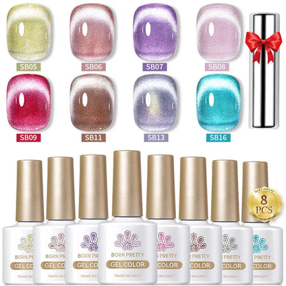 BORN PRETTY 8Pcs Glitter Cat Magnetic Nail Gel Polish Set Moonlight Transparent Summer Semi Permanent UV Gel Soak Off Nail Gel