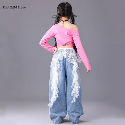 Girls Hip Hop Off Shoulder Crop Top ‌Street Dance Skirts Cargo Pants Children Streetwear Jeans Kids K-pop Girl Group Clothes Set