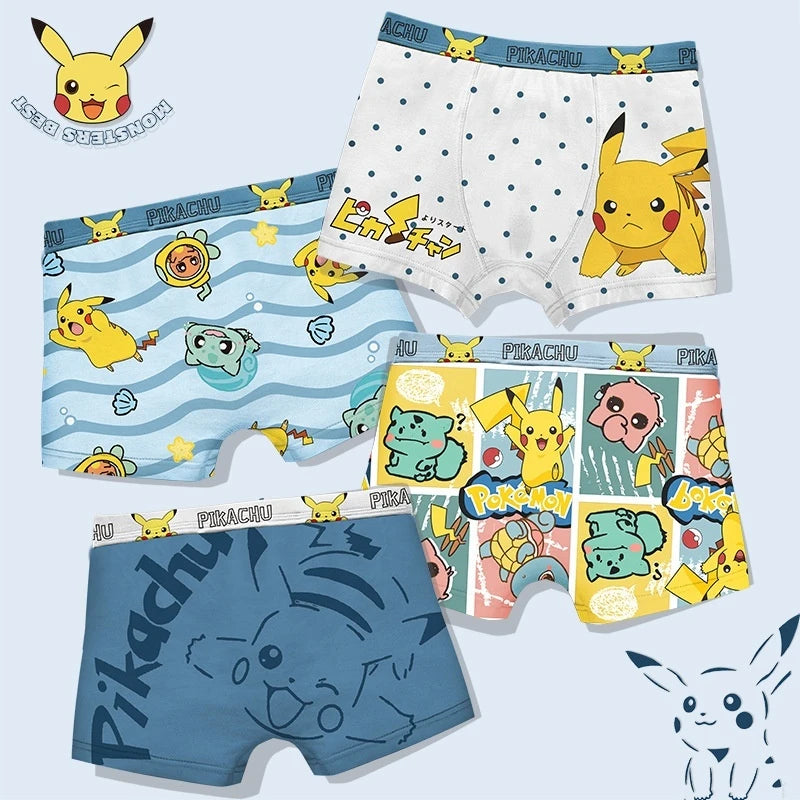 4-Piece Set Pikachu Boys' Underwear Pure Cotton Children'S Flat Corner Pants Summer Thin Spring Cartoon Cute Shorts