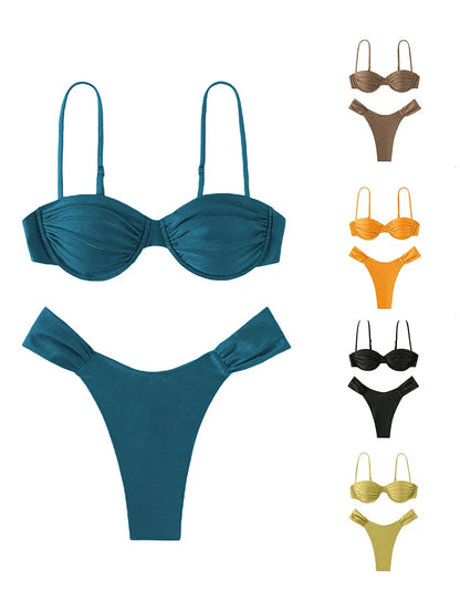 Classics Basics Women Swim Bikini Suit, Solid Color Pleated Sleeveless Bra+ Shorts Briefs Swimwear Swimsuit