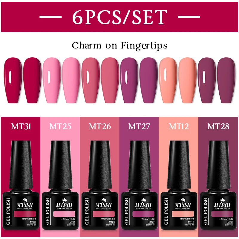 MTSSII 6Pcs/Set Colorful Gel Nail Polish Set for Nails Semi Permanent UV Gel LED Nail Art Varnish Kit for Manicure Nail Supplies