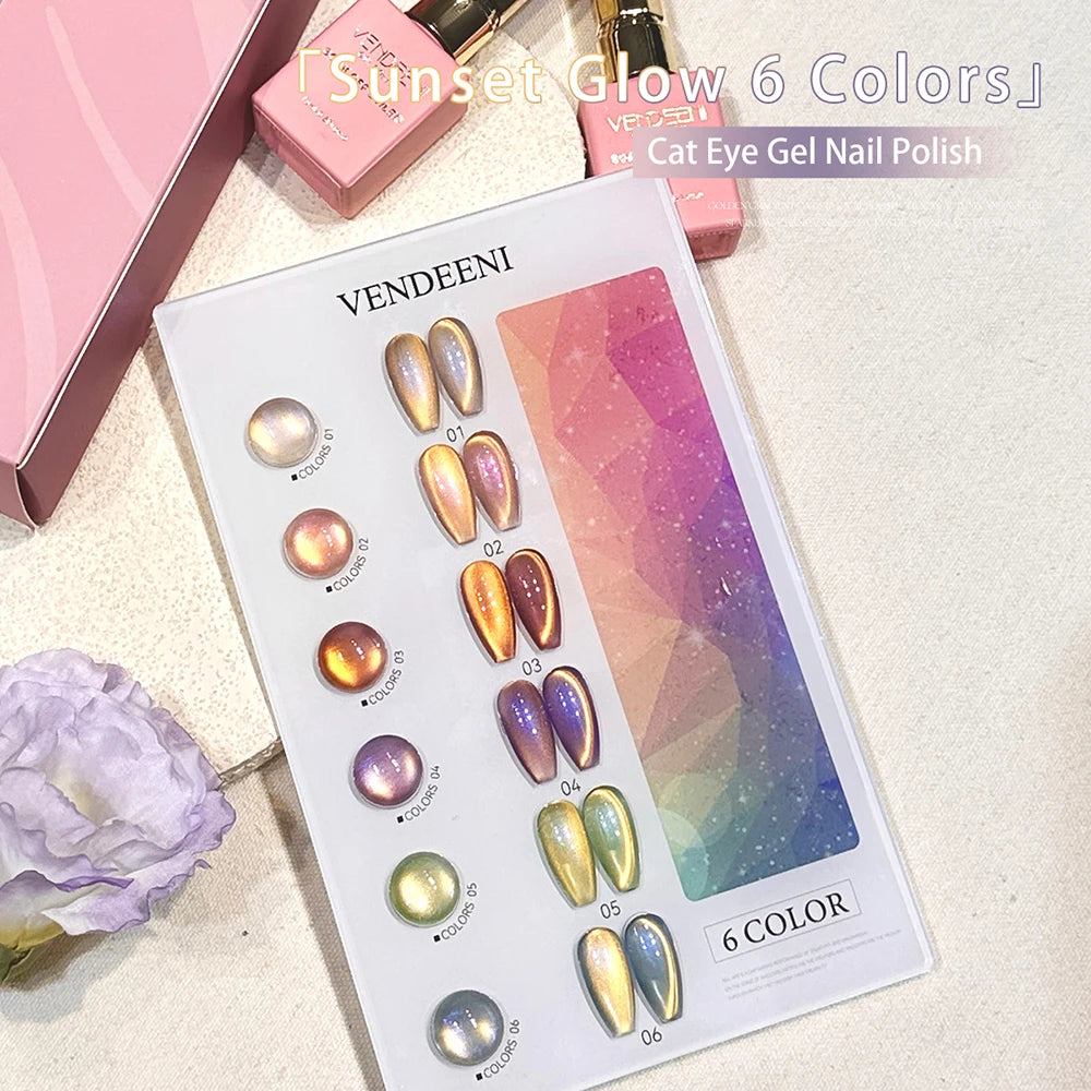 Vendeeni 6 Colors Crystal Cat Eye Gel Nail Polish Set Semi Permanent Sparkling Magnetic UV LED Soak Off Gel Varnish With Display