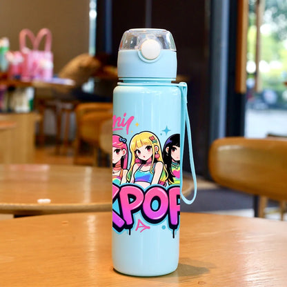 Kids' K-Pop "Idol Dreams" Portable Water Bottle: 3D Printed Leak-Proof Bottle with Lanyard