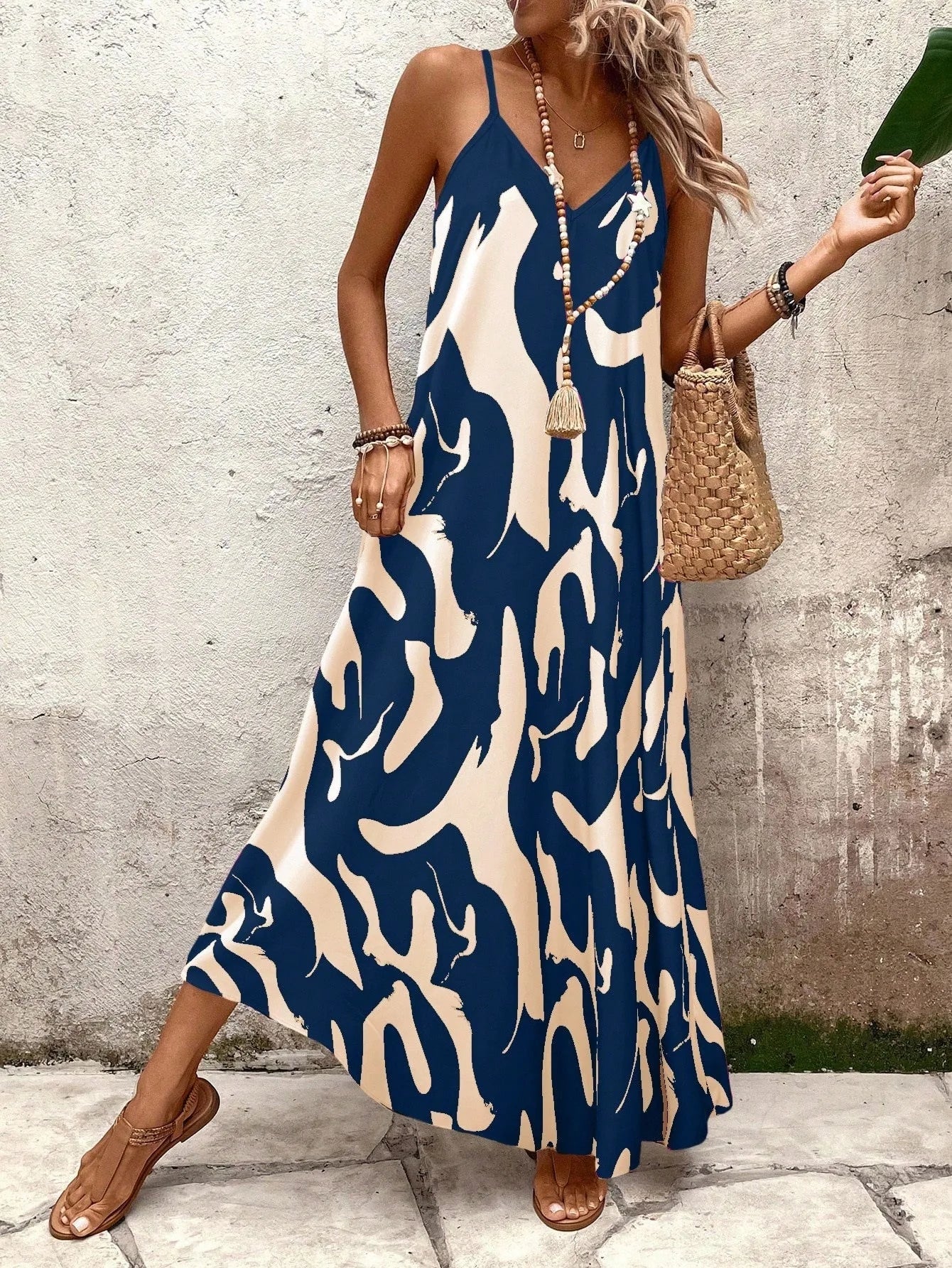 Summer 2026 Women's Fashion Slim Fit Floral Print V-Neck Loose Holiday Style Dress Knitted Fabric A- Line Skirt Casual Wear