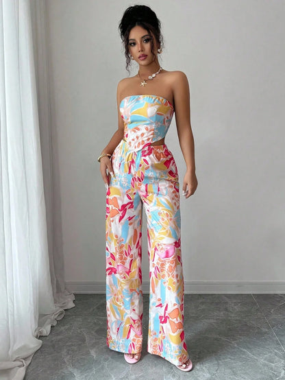 2pcs Set Halter Tie Bow Crop Top And Wide Leg Printed Pants For Women