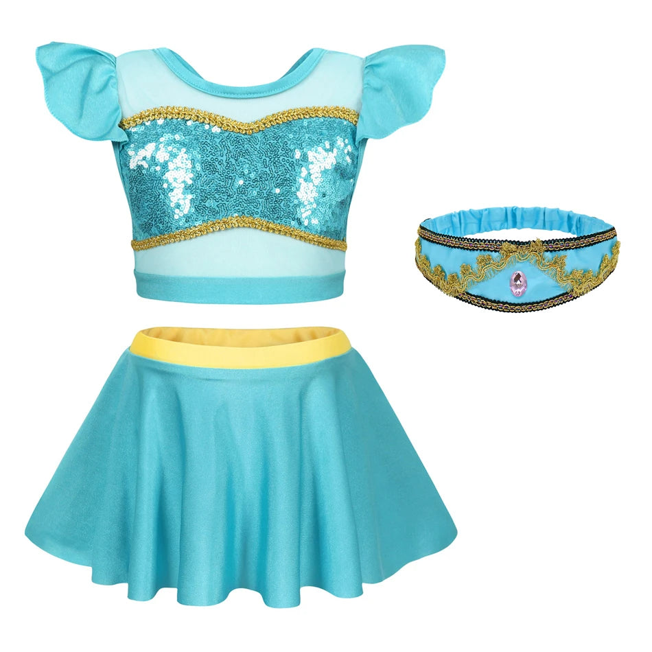 Girls Princess Swimsuit Cinderella Elsa Belle Rapunzel Cosplay Beachwear Kids Summer Fashion 2 Pcs Swimsuit Sets 2-9Yrs