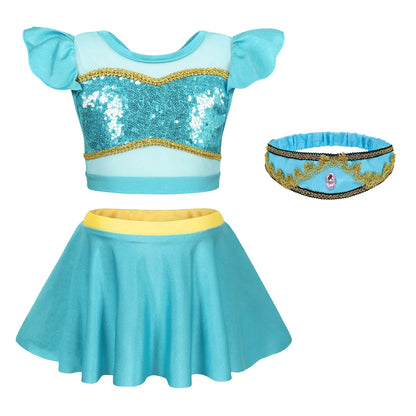Girls Princess Swimsuit Cinderella Elsa Belle Rapunzel Cosplay Beachwear Kids Summer Fashion 2 Pcs Swimsuit Sets 2-9Yrs