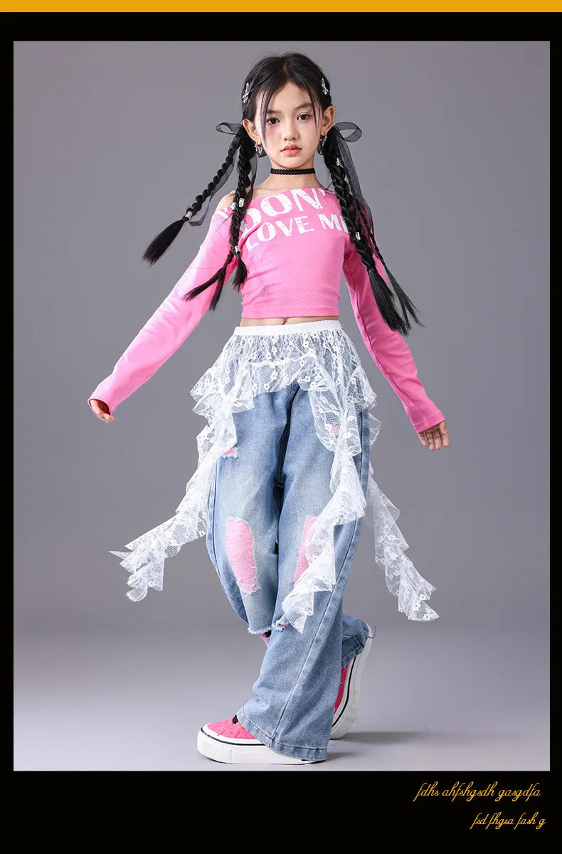 Girls Hip Hop Off Shoulder Crop Top ‌Street Dance Skirts Cargo Pants Children Streetwear Jeans Kids K-pop Girl Group Clothes Set