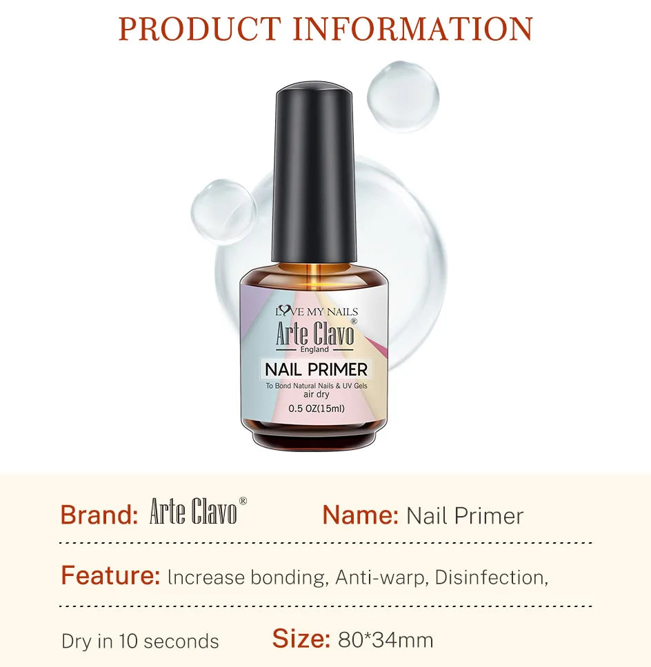 Arte Clavo 15ml Nail Primer Fast Air Dry Base Cleaning Agents UV Gel Polish Dehydrate Primer Base Coat Balance Fluid Acid Free