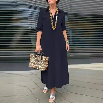 Women Spring Autumn Long Sleeve Lapel Single-breasted Cardigan Dress Double Pocket Splicing Dresses Elegant Female Commuter Gown