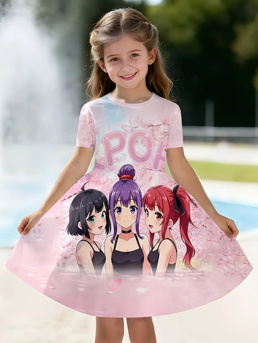 Girls' K-Pop "Anime Star" Summer Dress: Harajuku Style Short Sleeve A-Line Gown