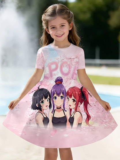 Girls' K-Pop "Anime Star" Summer Dress: Harajuku Style Short Sleeve A-Line Gown