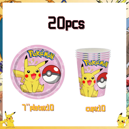 Pink Pokemon Birthday Party Decoration Disposable Tableware Set Pikachu Tablecloth Cup Plate Baby Shower Kids Diy Party Supplies