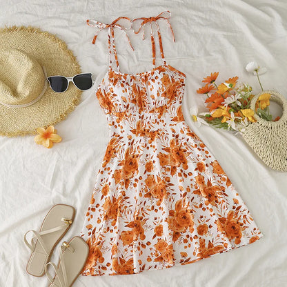 French Style Floral Summer Mini Dress: Sleeveless Camisole with Tie Straps