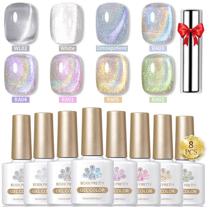 BORN PRETTY 8Pcs Glitter Cat Magnetic Nail Gel Polish Set Moonlight Transparent Summer Semi Permanent UV Gel Soak Off Nail Gel