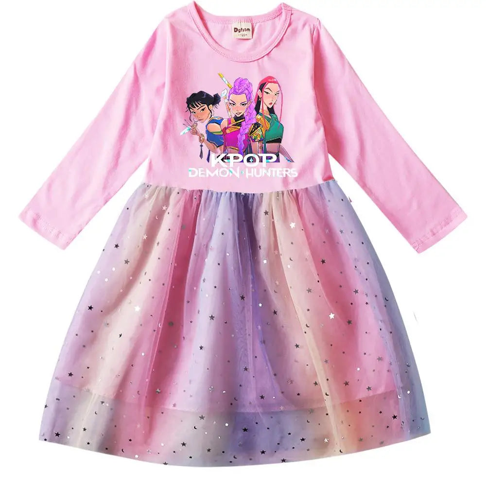 Girls' K-Pop Demon Hunters "Star Sparkle" Long Sleeve Tutu Dress: Rainbow Tulle Princess Gown