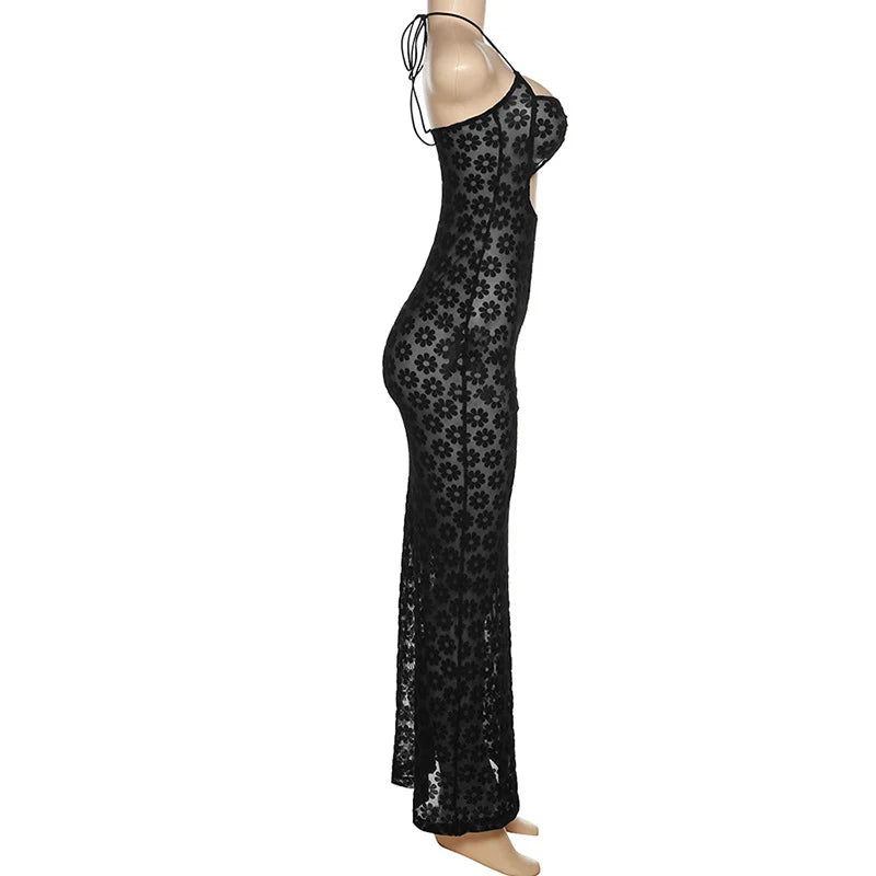 Solid Color Hanging Neck Maxi Dress Sexy Hollow Women Perspective Bag Hips Robe Female Street Trendy Dresses Clothing