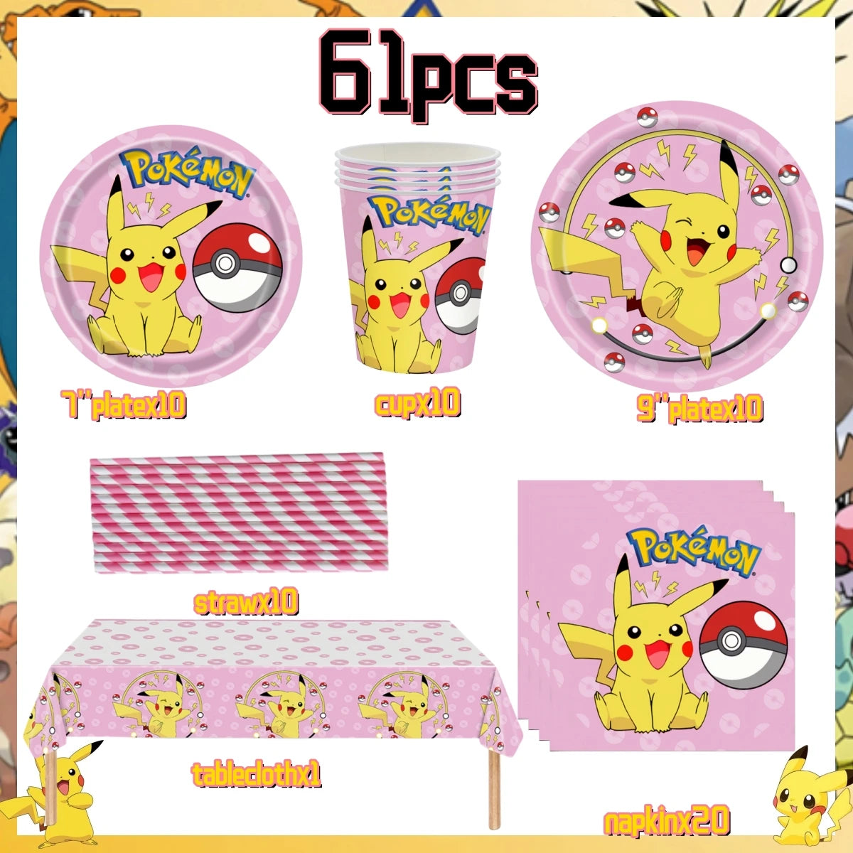 Pink Pokemon Birthday Party Decoration Disposable Tableware Set Pikachu Tablecloth Cup Plate Baby Shower Kids Diy Party Supplies