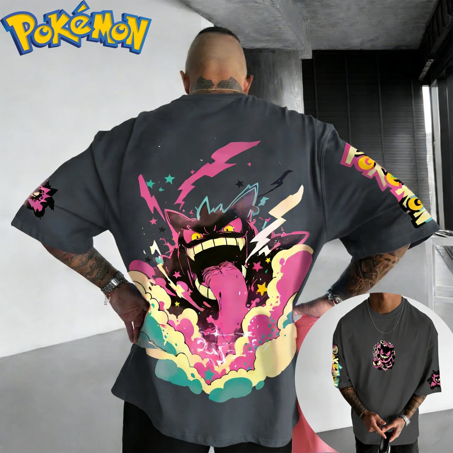 New Pokemon Cotton T Shirt with Gengar Back Print Pink Lightning Blue Smoke and Star Effects Loose Fit Men Women Casual