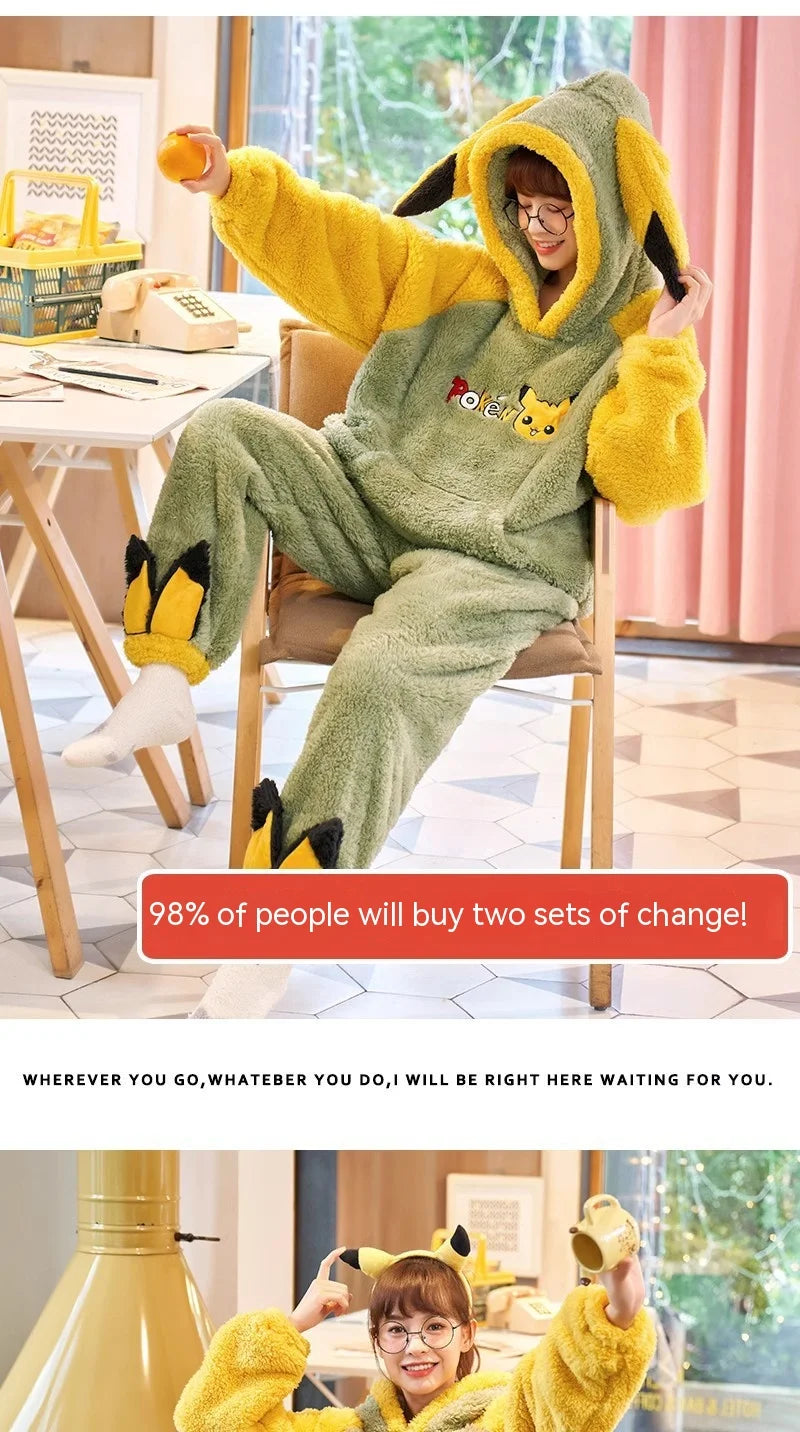 Pokemon Anime Pikachu Pajamas Hooded Women Cartoon Thickened Winter Plush Kawaii Nightgown Suit Two Home Clothing Christmas Gift