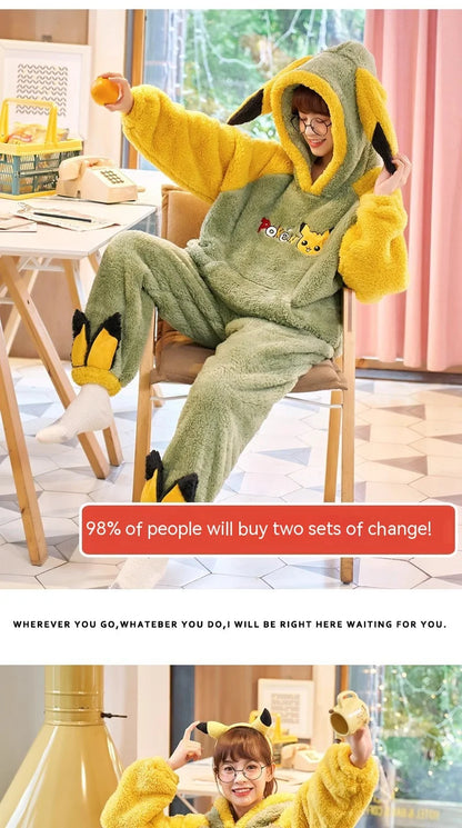 Pokemon Anime Pikachu Pajamas Hooded Women Cartoon Thickened Winter Plush Kawaii Nightgown Suit Two Home Clothing Christmas Gift