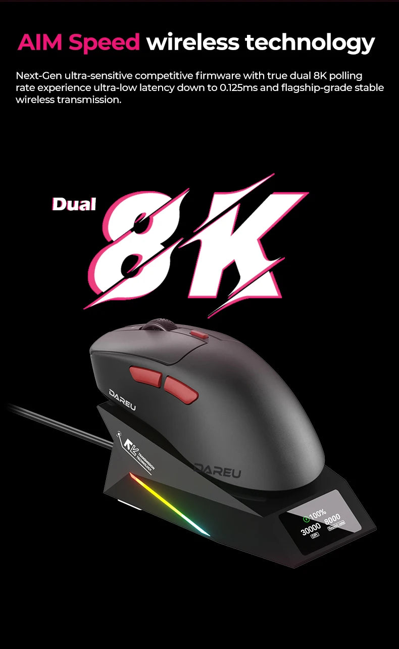 DAREU Wireless Gaming Mouse 8khz Polling Rate AIM-750 (3950) 30000 DPI Tri-mode Mouse Gamer 60g with Charging Base