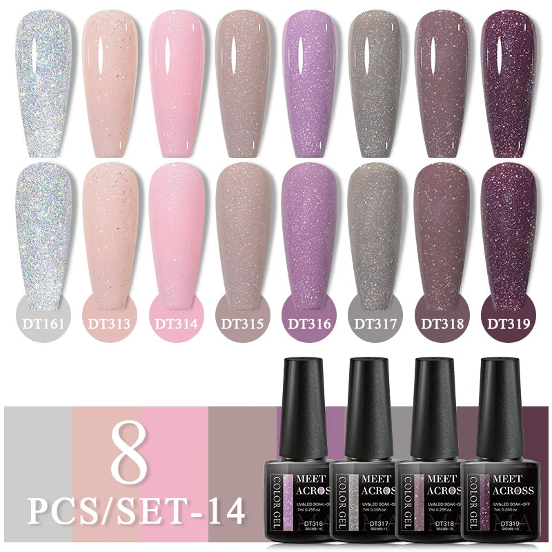 MEET ACROSS 8Pcs/Set Glitter Red Pink Orange Gel Nail Polish Semi Permanent Soak Off UV Gel Varnish Nail Art Manicure Kit