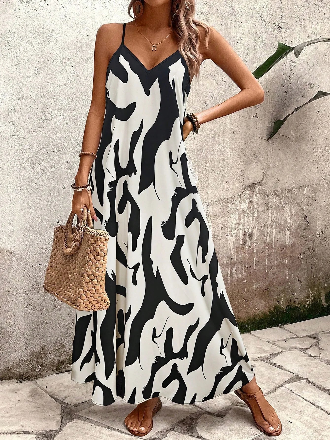 Summer 2026 Women's Fashion Slim Fit Floral Print V-Neck Loose Holiday Style Dress Knitted Fabric A- Line Skirt Casual Wear