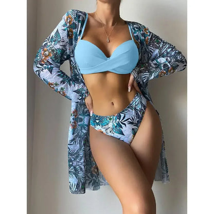 Three Pieces Bikini Set Cover Up Women 2023 New Push Up Twist Swimsuit Print Long Sleeve Swimwear Biquini Bathing Suit Summer