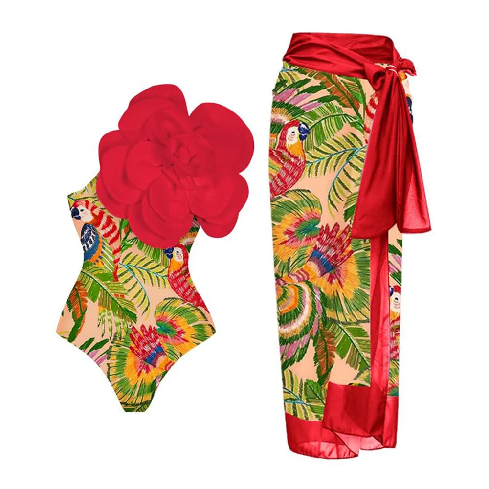 2024 Sexy Women's Swimsuit with Skirt One-Piece Swimwear Vintage Ruffle V Neck Cover Up Bikinis Set Beachwear Bathing Suit