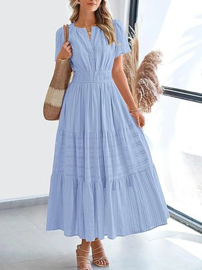 V-Neck Tiered Boho Midi Dress: Bubble Sleeve Smocked Waist Summer Gown