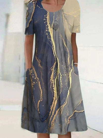 icevoolen Elegant Loose Midi Dress: Casual Short Sleeve Printed Summer Gown