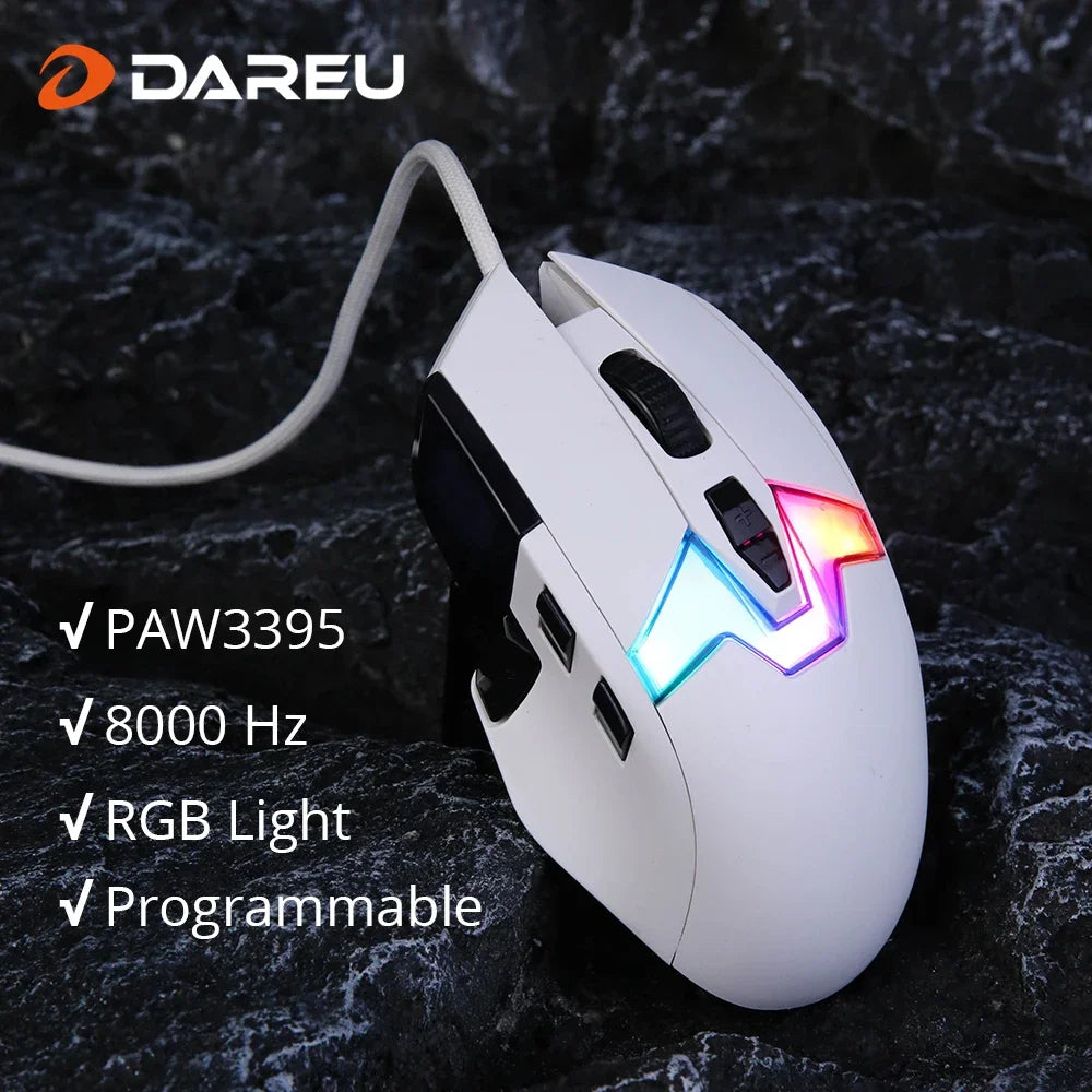 DAREU A980 Wired Gaming Mouse 8KHz 26000 DPI PAW3395 RGB Optical Sensor Ergonomic Programmable Mice for PC Laptop Gamer