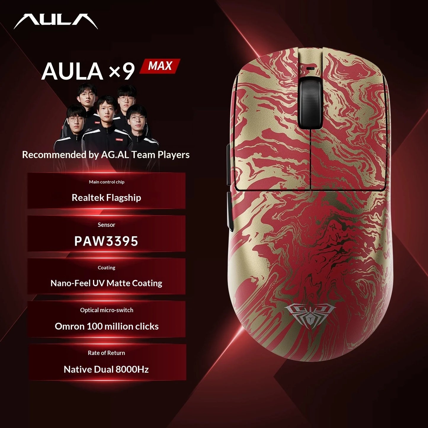 AULA X9 Max Ultra Gaming Mouse Wireless Tri Mode Dual 8KHz 500mAh PAW3950 Lightweight Ergonomic Esports Mouse Gaming Accessories