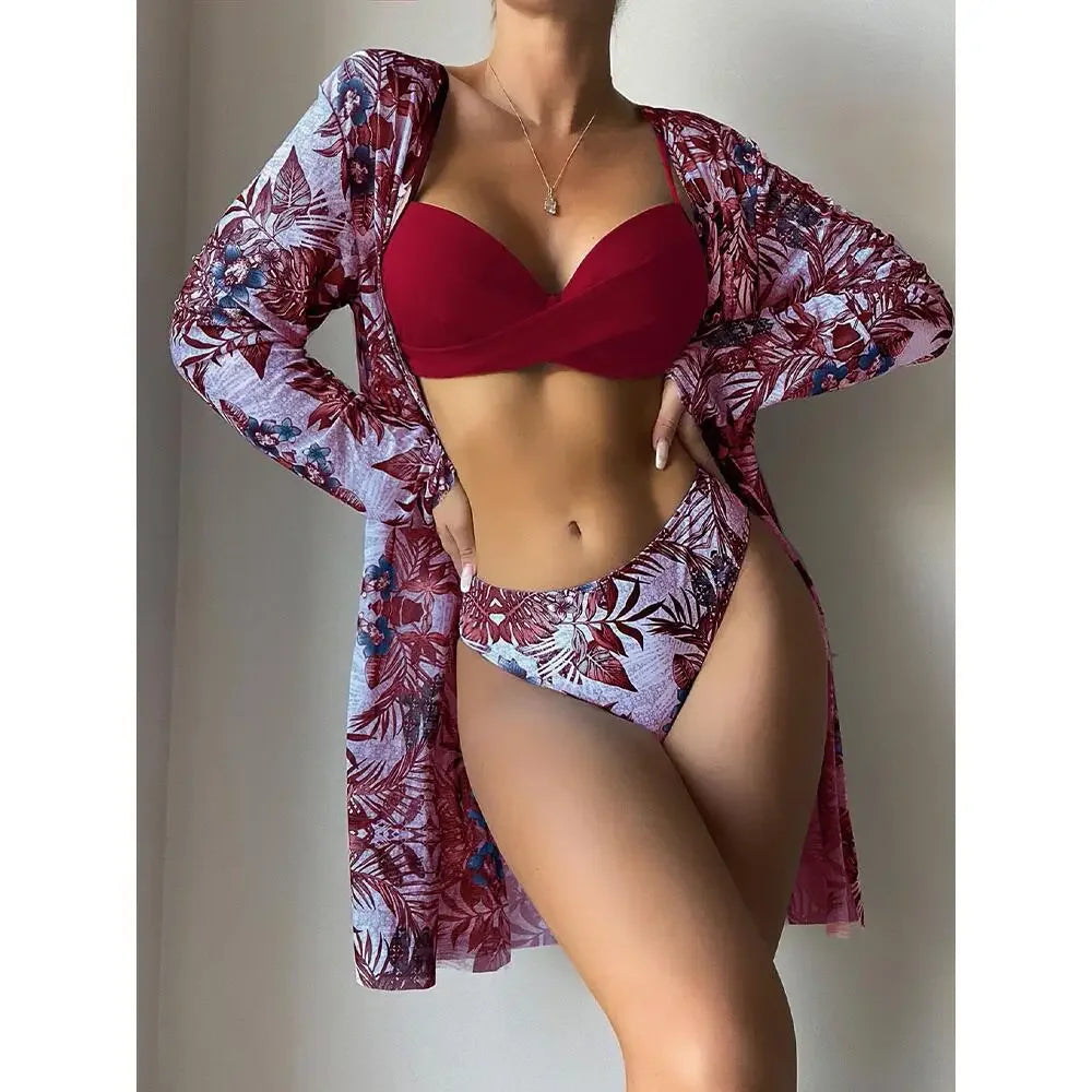 Three Pieces Bikini Set Cover Up Women 2023 New Push Up Twist Swimsuit Print Long Sleeve Swimwear Biquini Bathing Suit Summer
