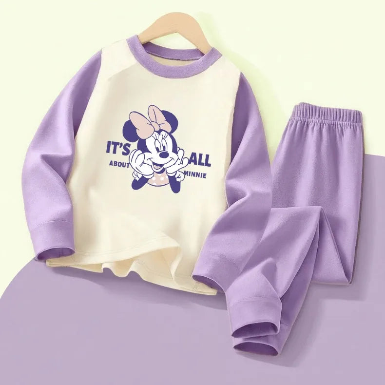 DISNEY MINNIE Printed Girls Casual Spliced Sleepwears Sets Autumn Winter Kids Comfy Soft Home Clothing Set Child Pijamas 0-10Y