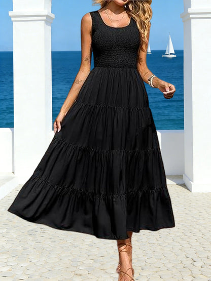 Tiered Smocked Maxi Dress: Sleeveless Pleated A-Line Summer Gown