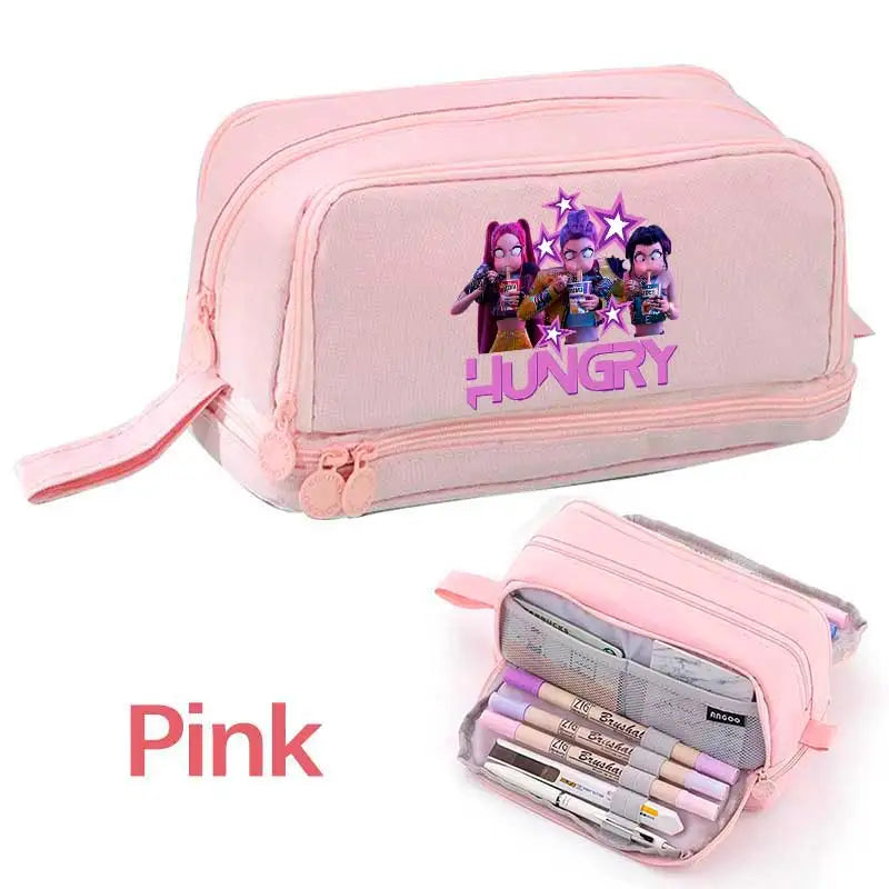 KPOP Pencil Case Student Storage Bag Stationery Large Space Storage 4 Compartment Pouch Double Side Opened