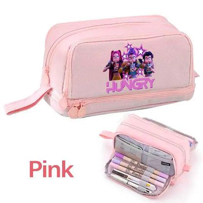 KPOP Pencil Case Student Storage Bag Stationery Large Space Storage 4 Compartment Pouch Double Side Opened