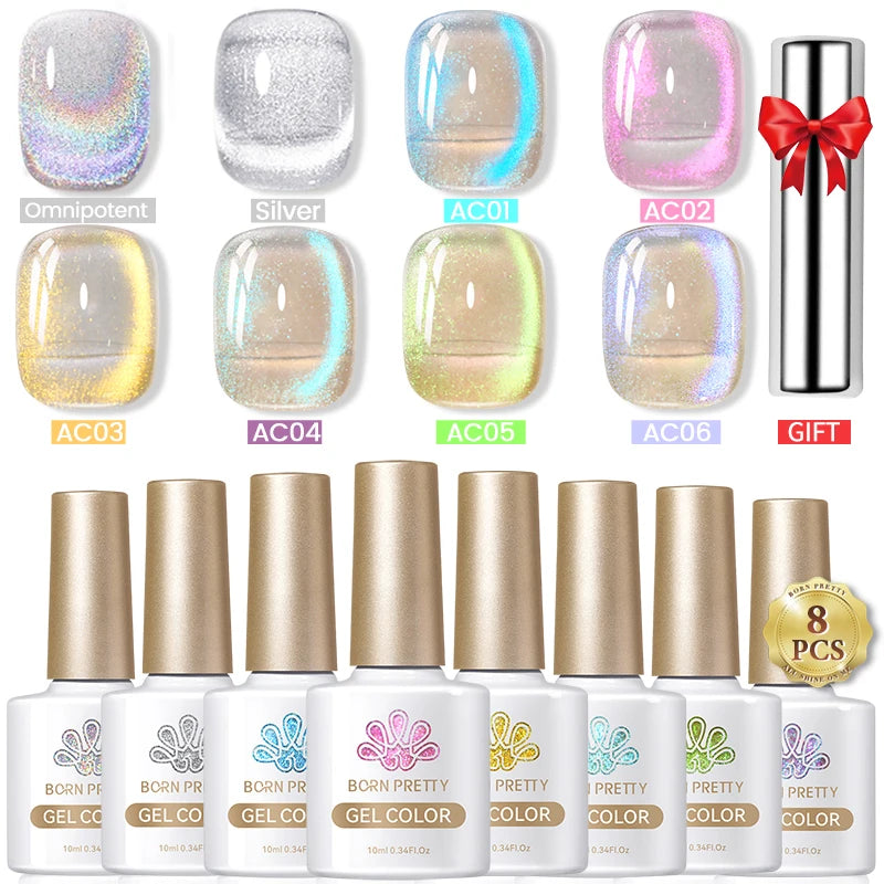 BORN PRETTY 8Pcs Glitter Cat Magnetic Nail Gel Polish Set Moonlight Transparent Summer Semi Permanent UV Gel Soak Off Nail Gel
