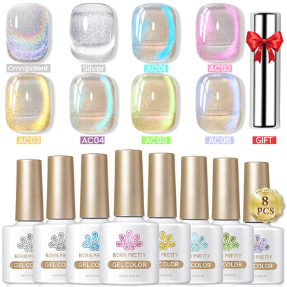BORN PRETTY 8Pcs Glitter Cat Magnetic Nail Gel Polish Set Moonlight Transparent Summer Semi Permanent UV Gel Soak Off Nail Gel