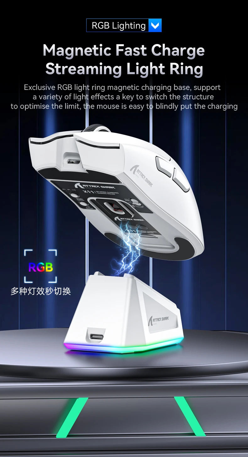 Attack Shark X11 Mouse PAW3311 Wireless 1K Hz Macro Magnetic RGB Docking Charger for Gaming