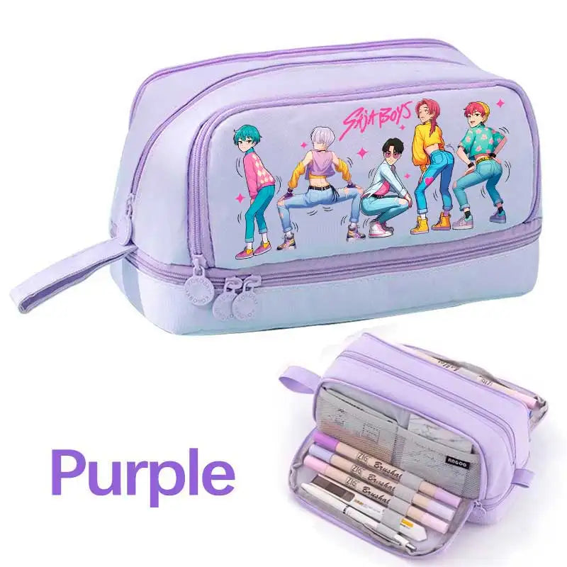KPOP Pencil Case Student Storage Bag Stationery Large Space Storage 4 Compartment Pouch Double Side Opened