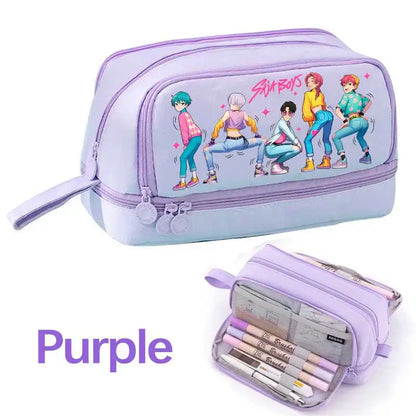KPOP Pencil Case Student Storage Bag Stationery Large Space Storage 4 Compartment Pouch Double Side Opened
