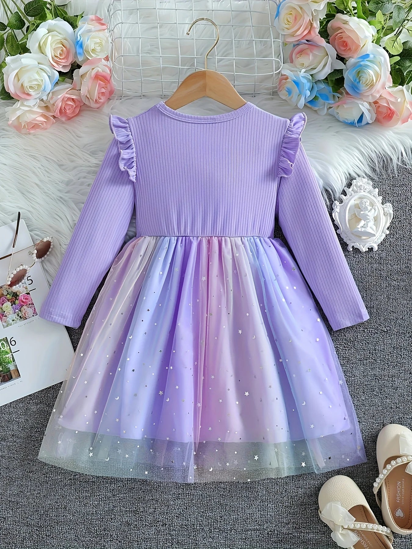 Girls' K-POP Star Princess Dress: Long Sleeve Ruffle Tutu with Starry Gradient Tulle