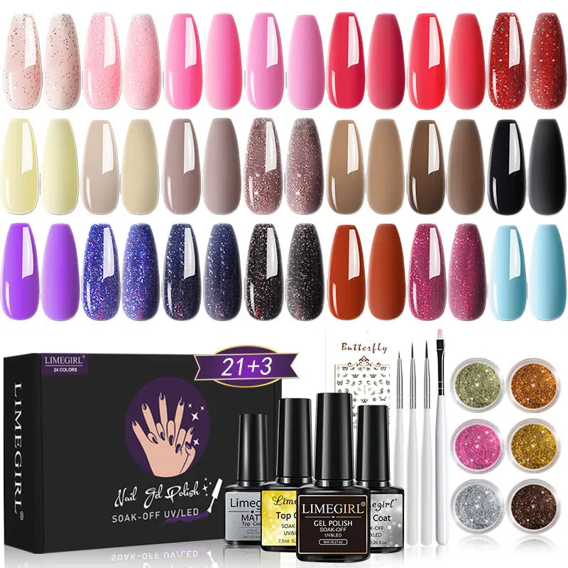 LIMEGIRL 24PCS Gel Nail Polish kit with Nail Art Diamond Powder UV  Soak Base Coat Gel for Nail Art DIY Design Gel Varnish Kit