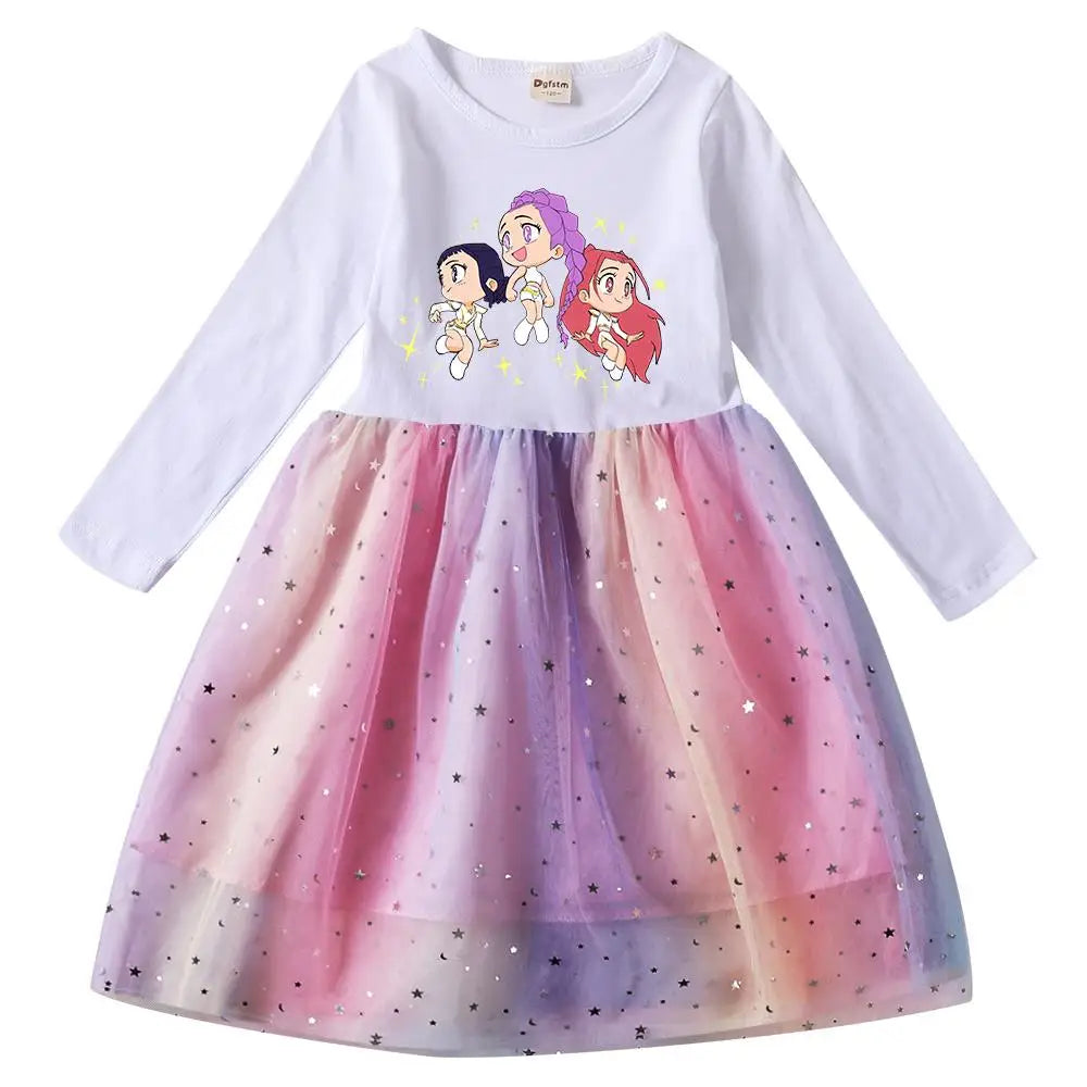 Girls' K-Pop Demon Hunters "Star Sparkle" Long Sleeve Tutu Dress: Rainbow Tulle Princess Gown