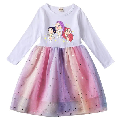 Girls' K-Pop Demon Hunters "Star Sparkle" Long Sleeve Tutu Dress: Rainbow Tulle Princess Gown
