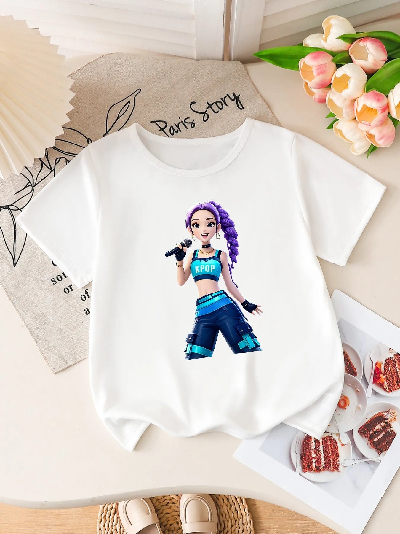 Girls K-POP Idol Print Short Sleeve T-Shirt Cute Cartoon Singer Graphic Tee Kids Summer Casual Top