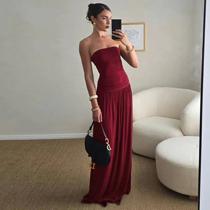 2026 Summer Fashion Solid Color Strapless Strapless Sleeveless Lady Long Dress New Elegant Sexy Slimming Pleated Women's Dresses